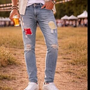 Reverb Mens Distressed Acid Wash Slim Moto Jeans with Red Yellow Ribbed Patches